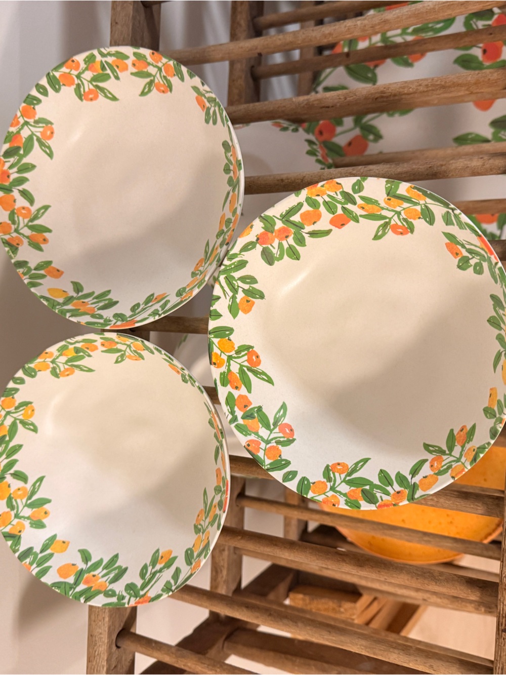 Vera for Anthropologie Cream Bowls Green Leaves & Orange Fruit Border 6 total